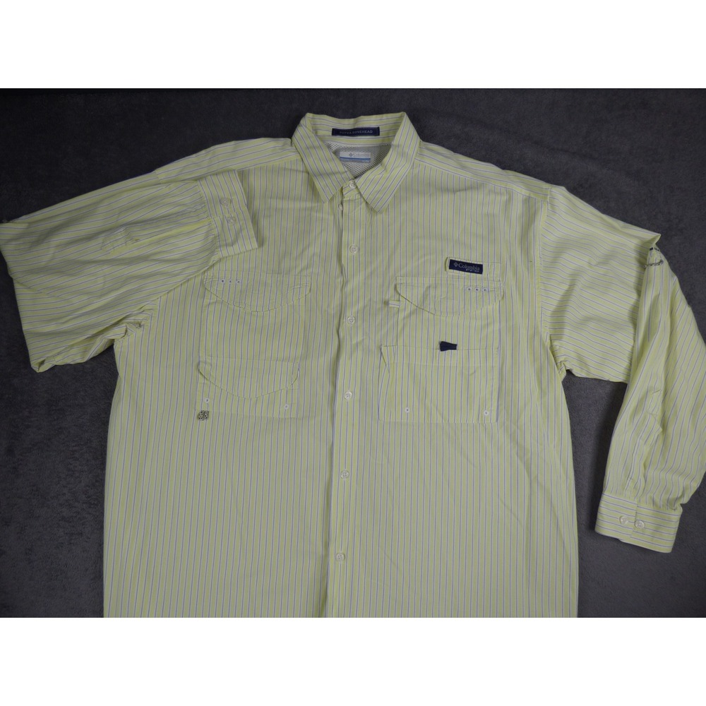 Columbia PFG Super Bonehead Fishing Shirt Mens XL Yellow Striped Long Sleeve